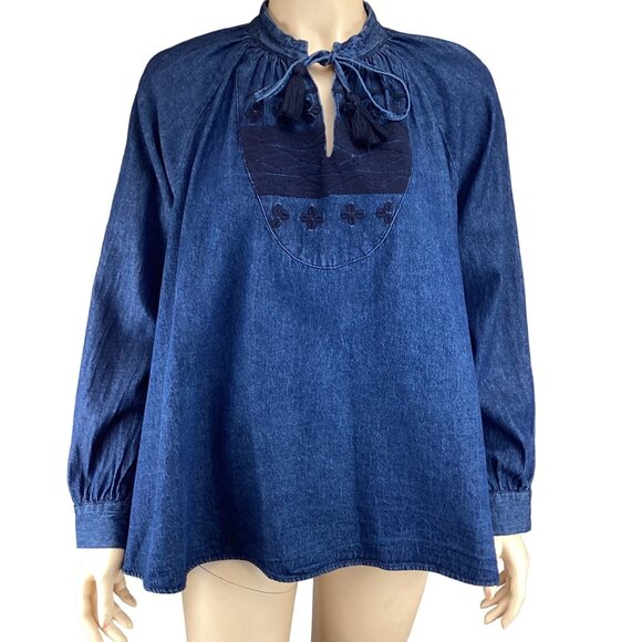Ne Quittez Pas Anthropologie Top Size Small Peasant Denim Embroidered Blouse Tas - Picture 2 of 9